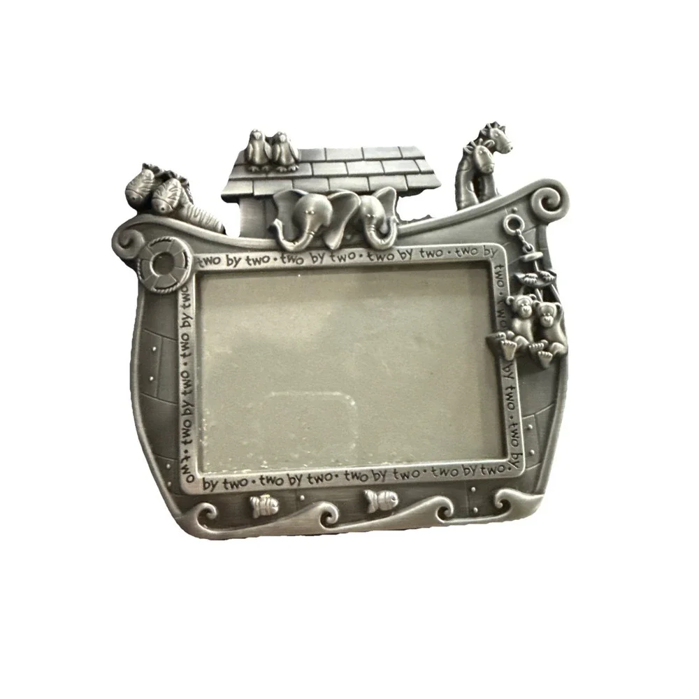Pewter Photo Frame Noah's Ark Two By Two Baby Toddler Holds Photo 3.5 In x 5 In